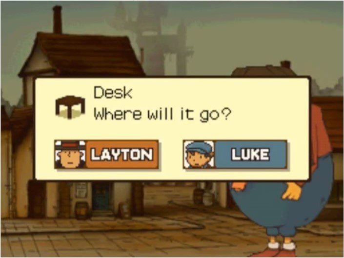 Receiving the Desk furniture item from Stachenscarfen in Professor Layton and the Curious Village