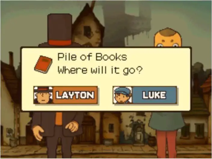 Receiving the Pile of Books furniture item from Deke in Professor Layton and the Curious Village