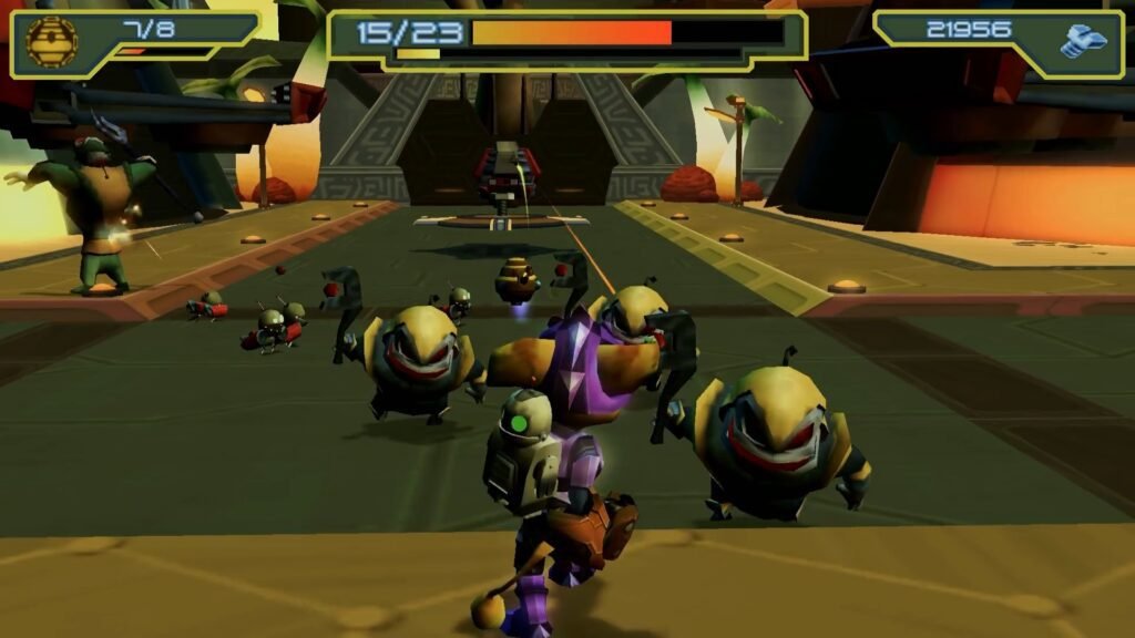 The Bee Mine Glove weapon being used in Ratchet and Clank: Size Matters