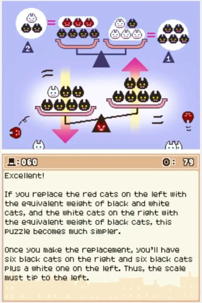 Answer screen for Professor Layton and the Curious Village Puzzle 060 - Weighing Cats