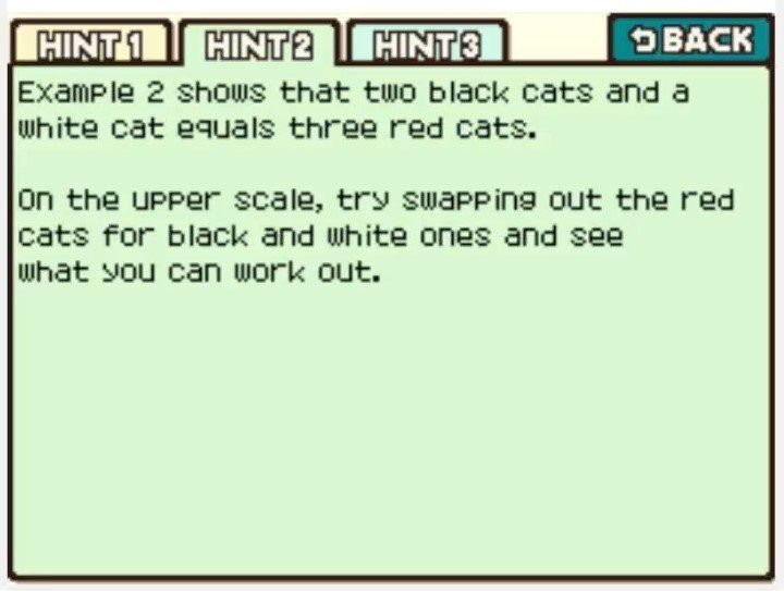 Professor Layton and the Curious Village Puzzle 060 - Weighing Cats Hint 2