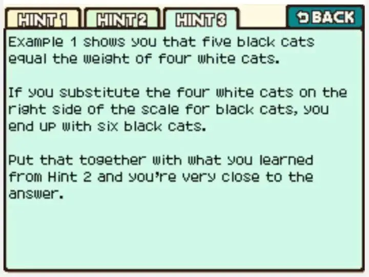 Professor Layton and the Curious Village Puzzle 060 - Weighing Cats Hint 3