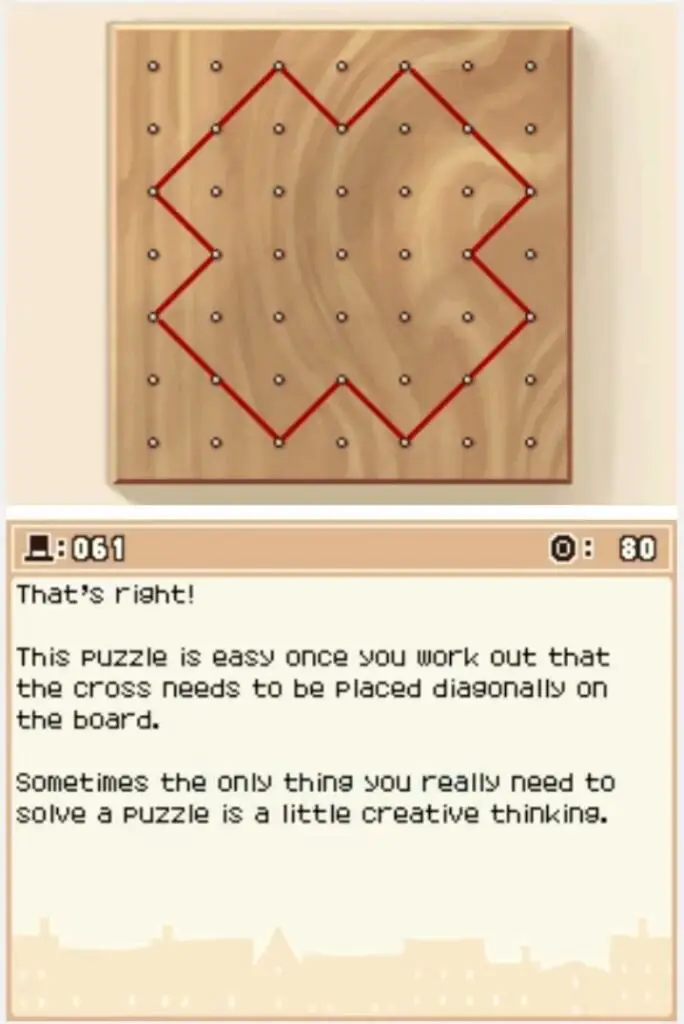 Answer screen for Professor Layton and the Curious Village Puzzle 061 - Pin Board Shapes