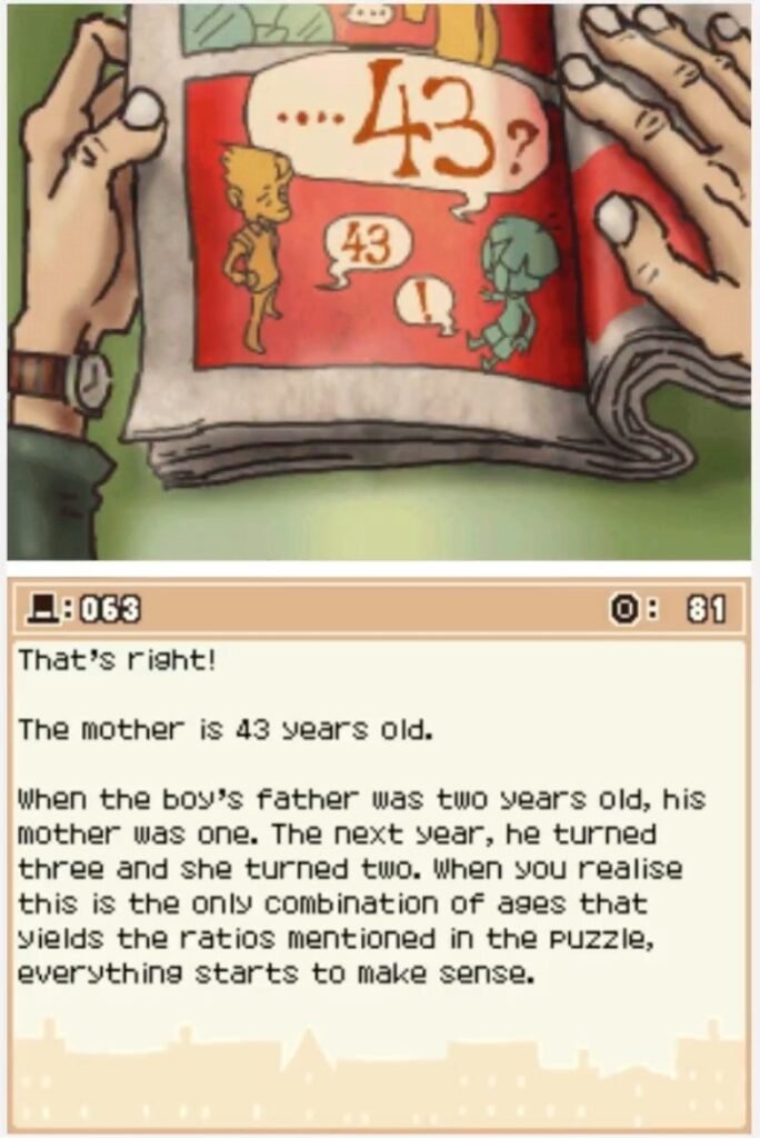 Answer screen for Professor Layton and the Curious Village Puzzle 063 (EU) - Mother's Age