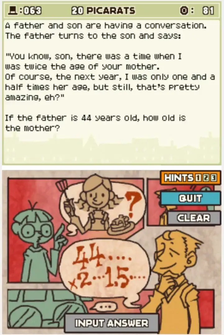 Puzzle overview for Professor Layton and the Curious Village Puzzle 063 (EU) - Mother's Age