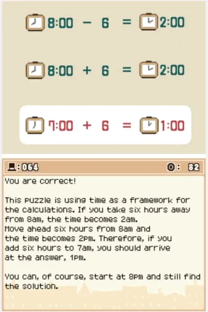 Answer screen for Professor Layton and the Curious Village Puzzle 064 - Odd Equations