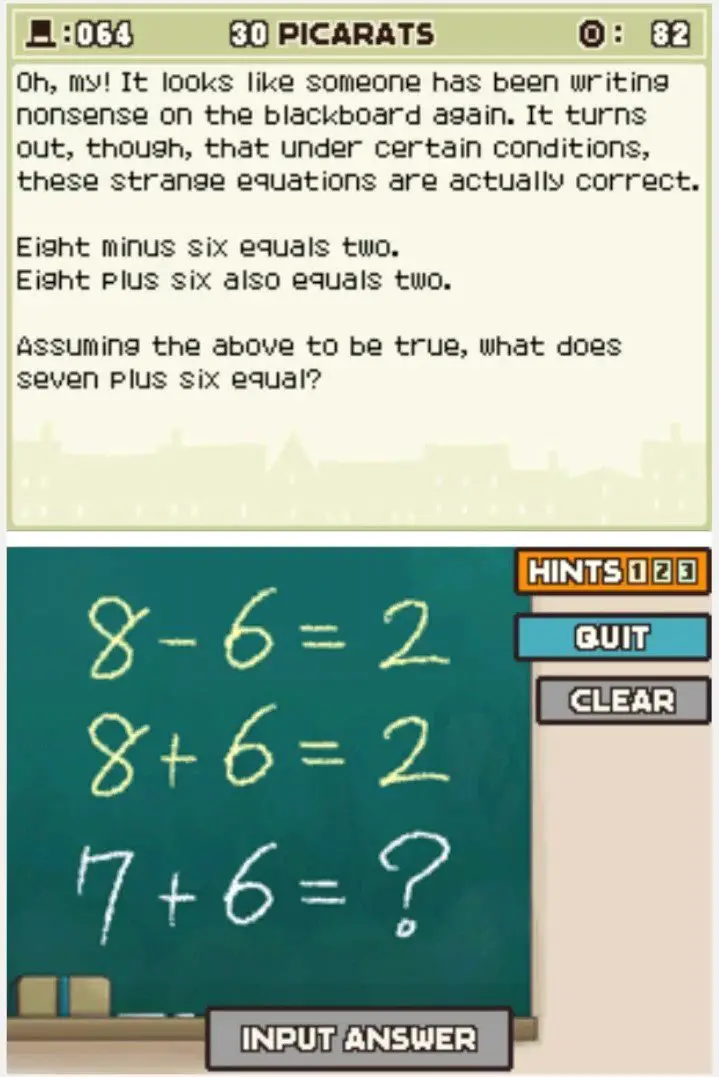 Puzzle overview for Professor Layton and the Curious Village Puzzle 064 - Odd Equations