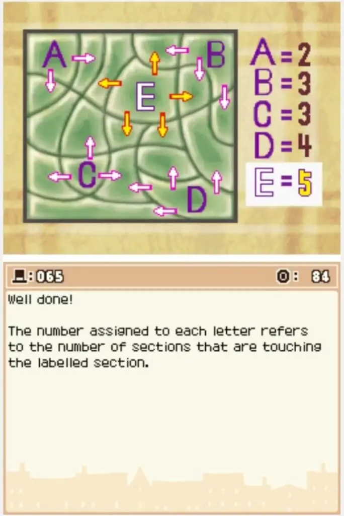 Answer screen for Professor Layton and the Curious Village Puzzle 065 - Letters and Numbers