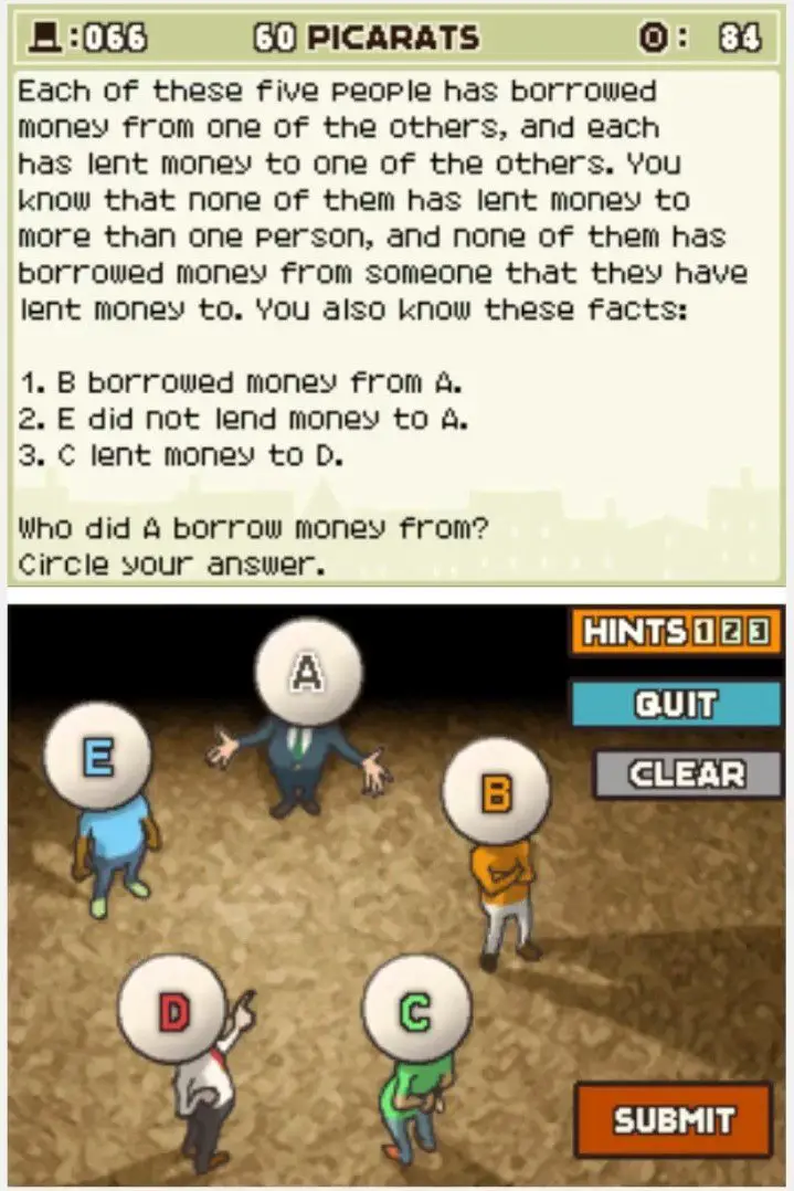 Puzzle overview for Professor Layton and the Curious Village: Puzzle 066 - Five Borrowers