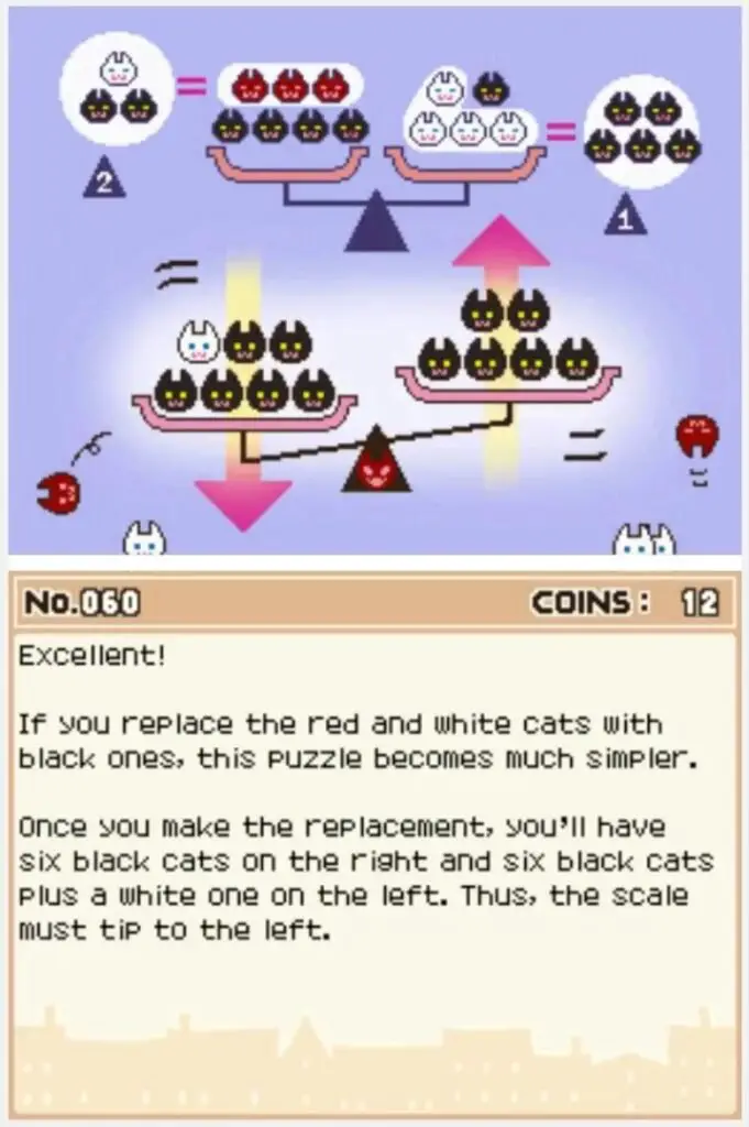 Answer screen for Professor Layton and the Curious Village Puzzle 060 - Weighing Cats