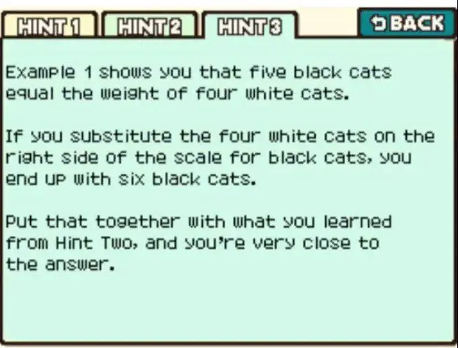 Professor Layton and the Curious Village Puzzle 060 - Weighing Cats Hint 3