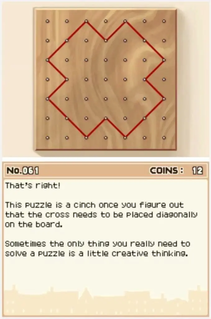 Answer screen for Professor Layton and the Curious Village Puzzle 061 - Pin Board Shapes