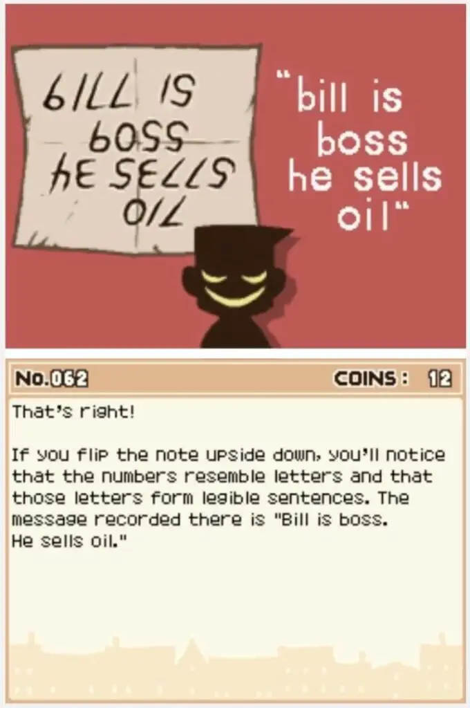 Answer screen for Professor Layton and the Curious Village: Puzzle 062 - The Mysterious Note