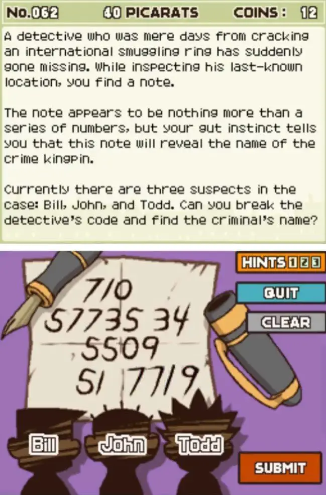 Puzzle overview for Professor Layton and the Curious Village: Puzzle 062 - The Mysterious Note