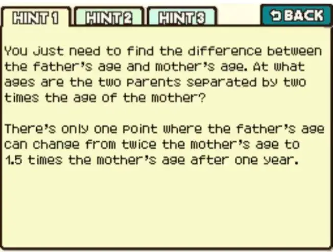 Professor Layton and the Curious Village Puzzle 063 (US) - How Old is Mom? Hint 1