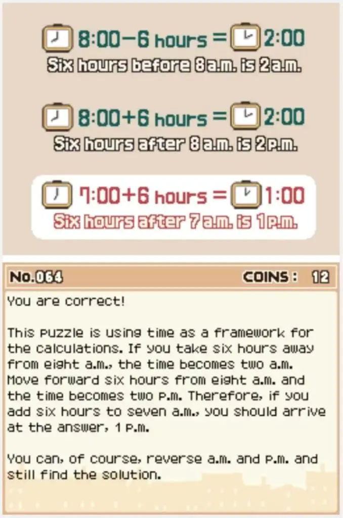 Answer screen for Professor Layton and the Curious Village Puzzle 064 - Odd Equations