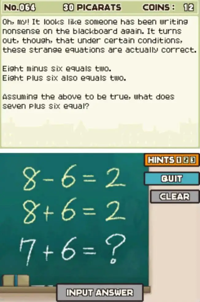 Puzzle overview for Professor Layton and the Curious Village Puzzle 064 - Odd Equations