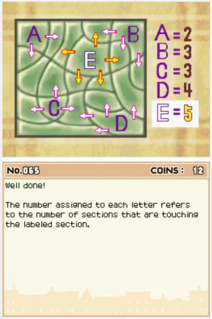 Answer screen for Professor Layton and the Curious Village Puzzle 065 - What's E?