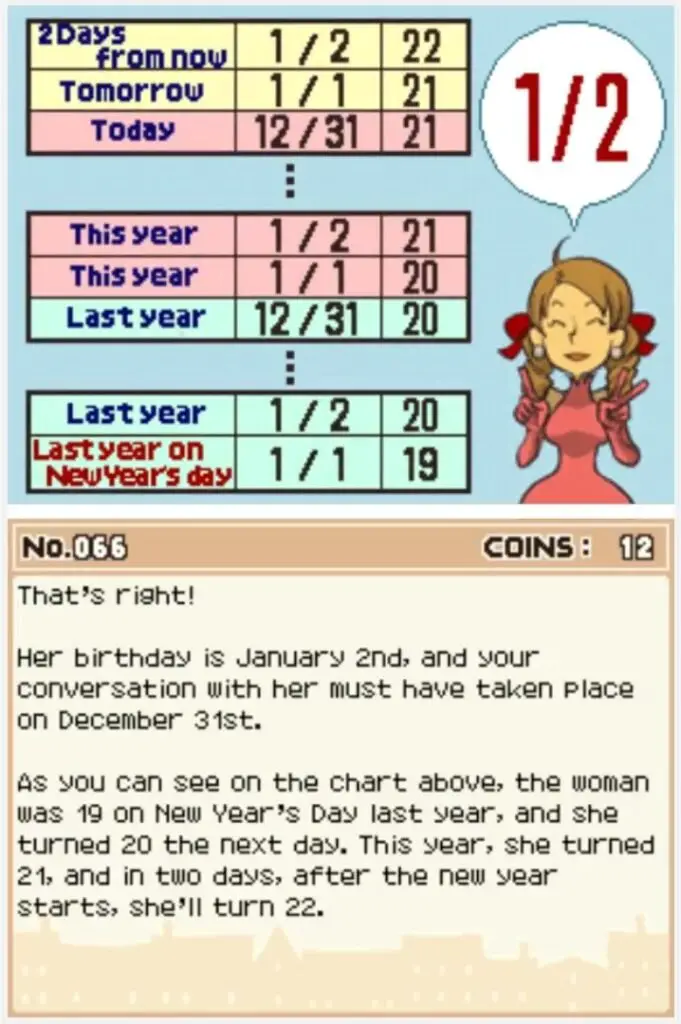 Answer screen for Professor Layton and the Curious Village: Puzzle 066 - Birthday Girl