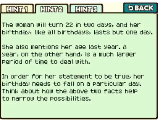 Professor Layton and the Curious Village: Puzzle 066 - Birthday Girl Hint 2