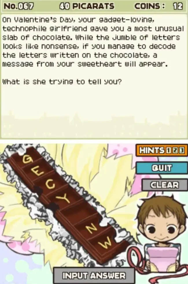 Puzzle overview for Professor Layton and the Curious Village: Puzzle 067 - Chocolate Code