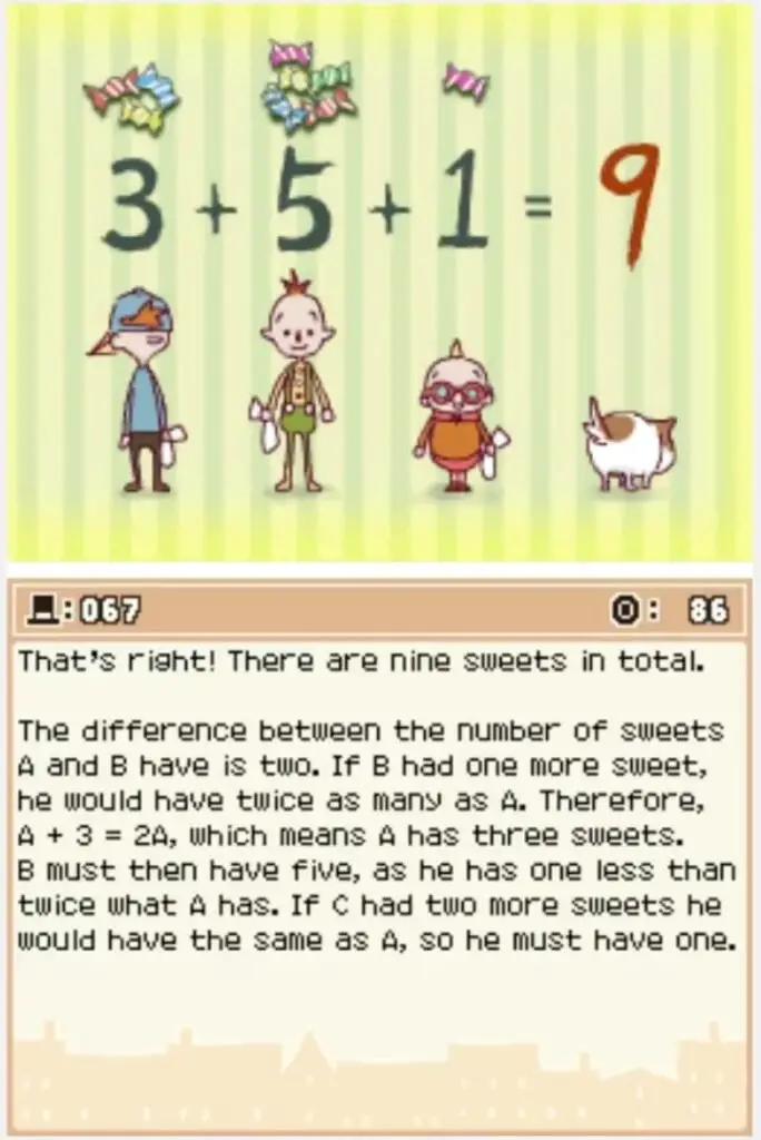 Answer screen for Professor Layton and the Curious Village: Puzzle 067 - How Many Sweets?