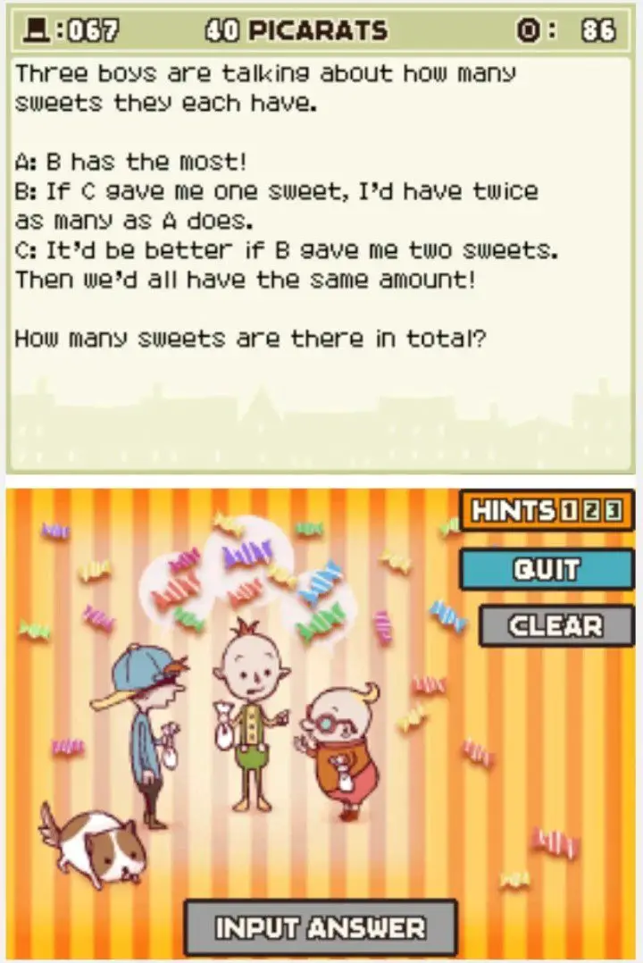 Puzzle overview for Professor Layton and the Curious Village: Puzzle 067 - How Many Sweets?