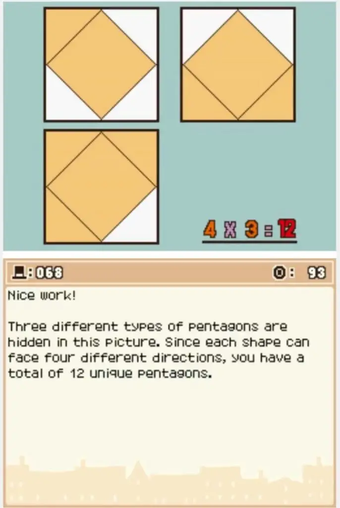 Answer screen for Professor Layton and the Curious Village Puzzle 068 - Find the Pentagons