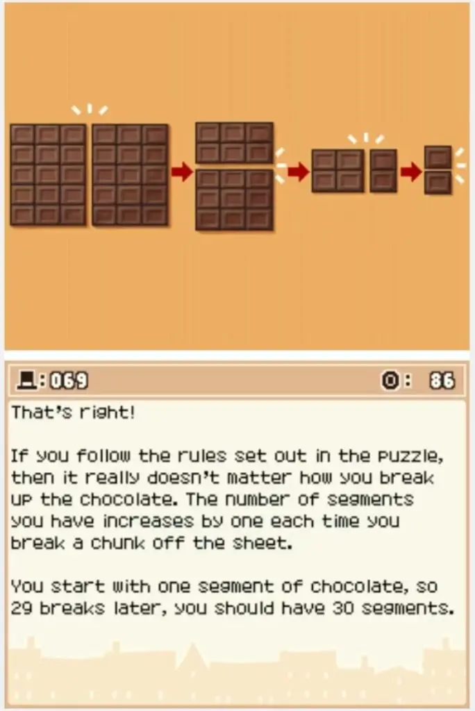 Answer screen for Professor Layton and the Curious Village Puzzle 069 - Chocolate Puzzle