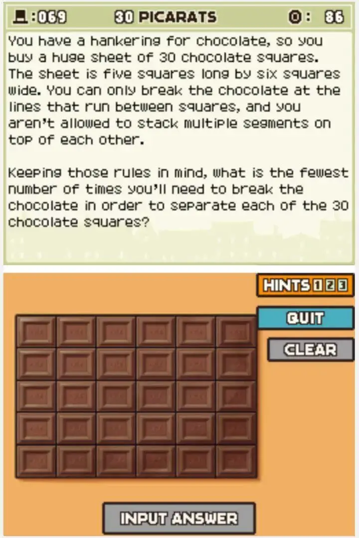 Puzzle overview for Professor Layton and the Curious Village Puzzle 069 - Chocolate Puzzle