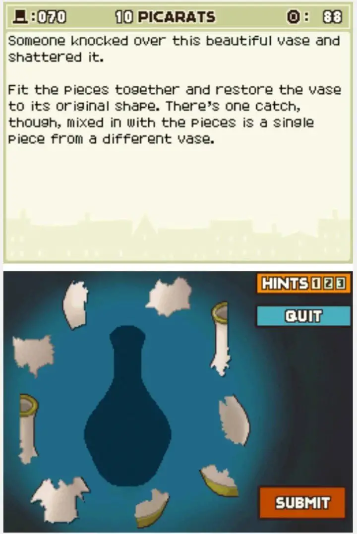 Puzzle overview for Professor Layton and the Curious Village Puzzle 070 - The Shattered Vase