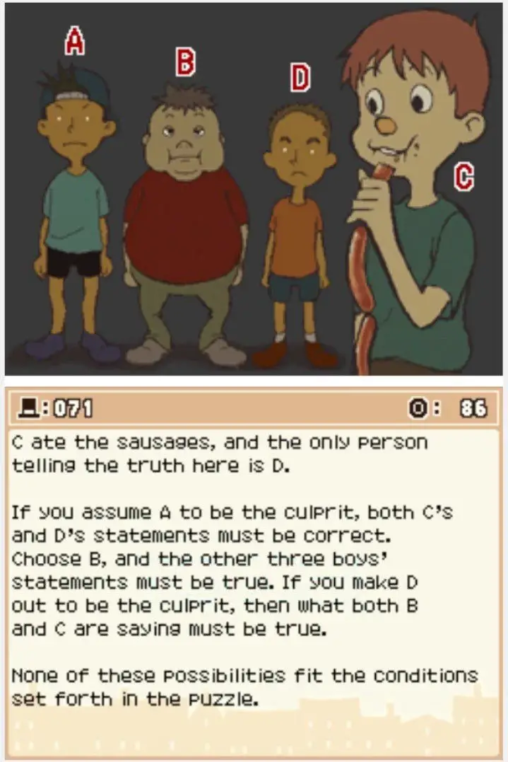 Answer screen for Professor Layton and the Curious Village Puzzle 071 - Sausage Thief