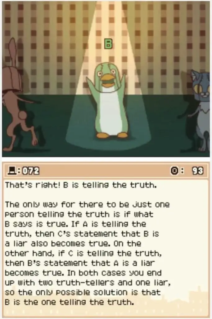 Answer screen for Professor Layton and the Curious Village: Puzzle 072 (EU) - Truth and Lies