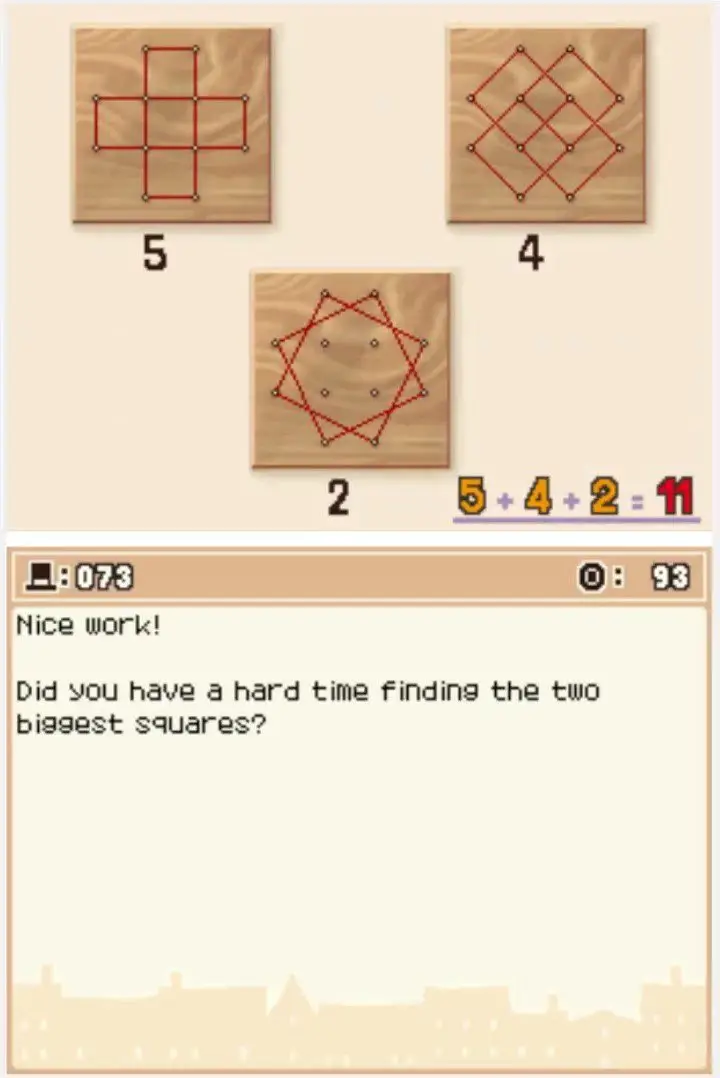 Answer screen for Professor Layton and the Curious Village Puzzle 073 - How Many Squares