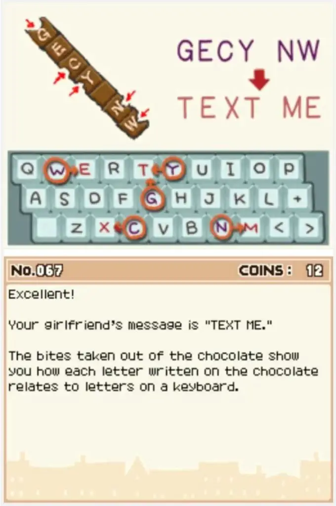 Answer screen for Professor Layton and the Curious Village: Puzzle 067 - Chocolate Code