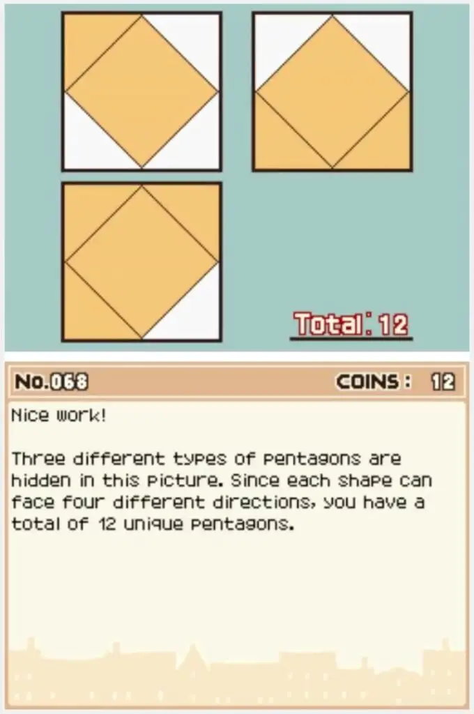 Answer screen for Professor Layton and the Curious Village Puzzle 068 - Find the Pentagons