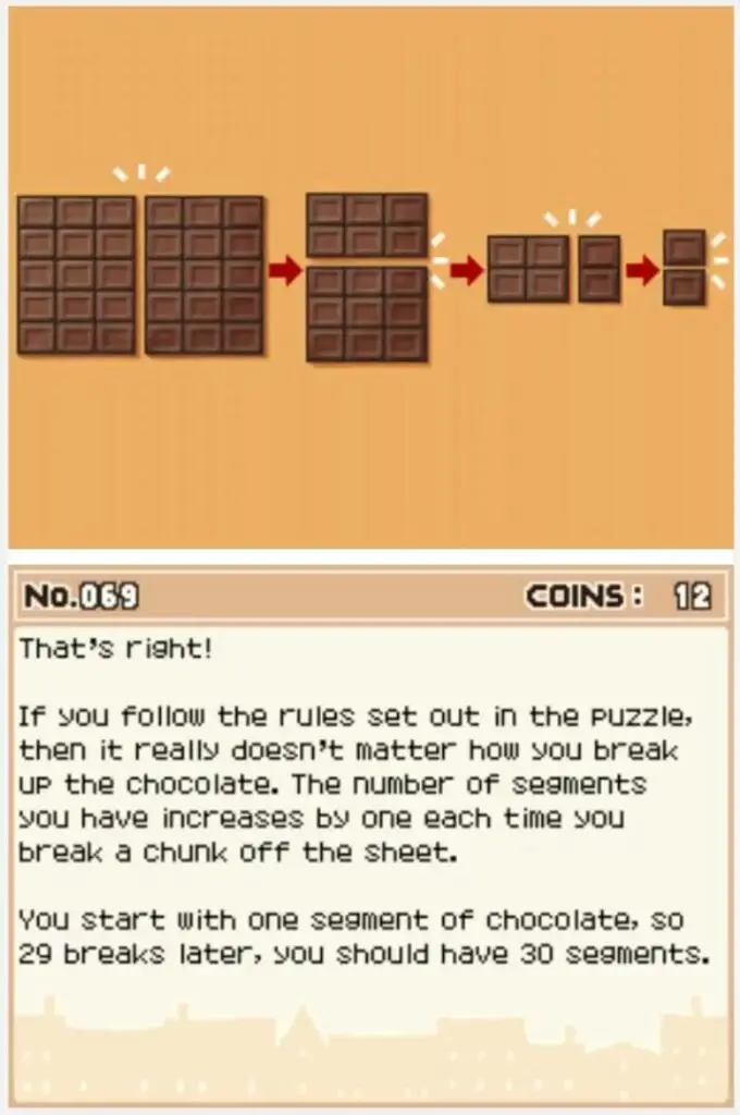 Answer screen for Professor Layton and the Curious Village Puzzle 069 - Chocolate Puzzle