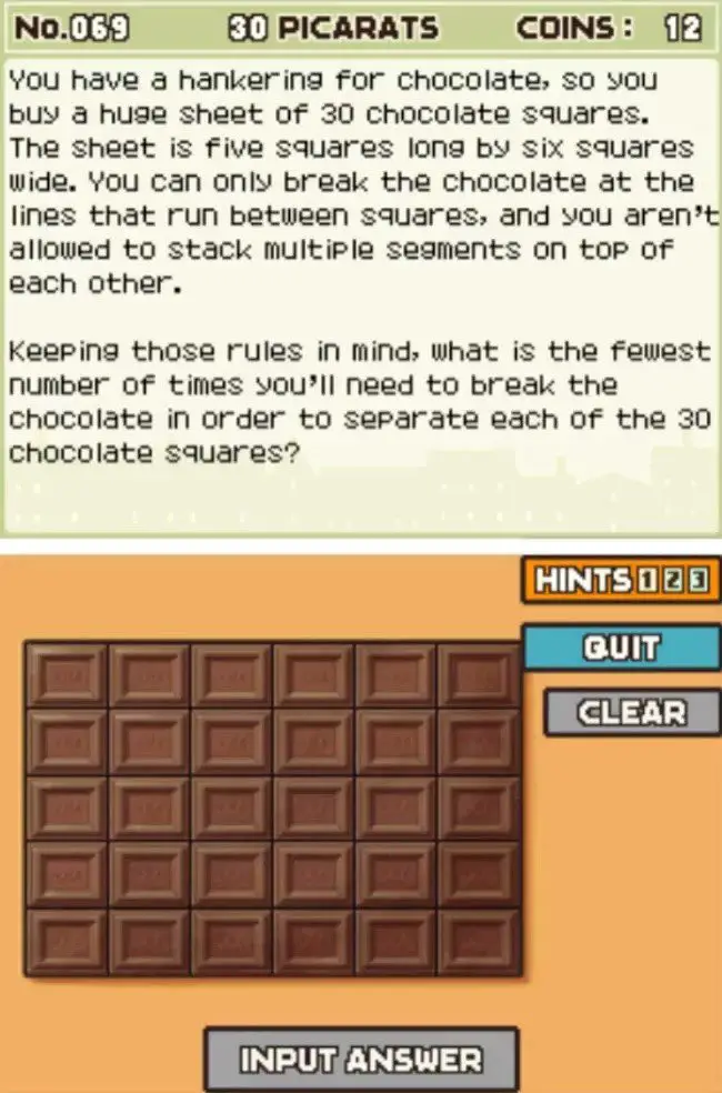 Puzzle overview for Professor Layton and the Curious Village Puzzle 069 - Chocolate Puzzle