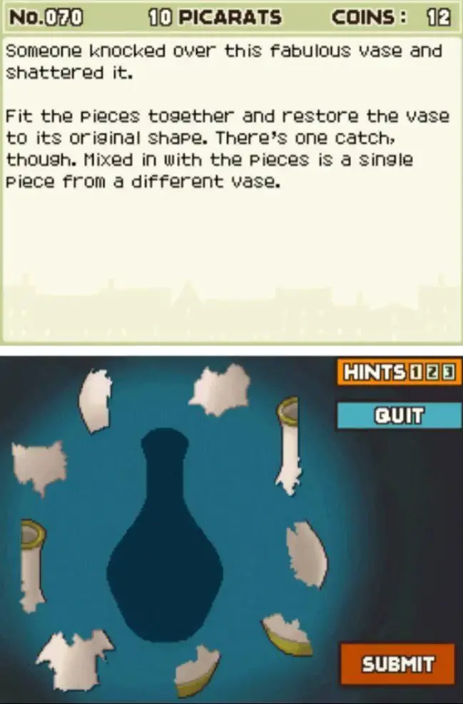 Puzzle overview for Professor Layton and the Curious Village Puzzle 070 - The Shattered Vase