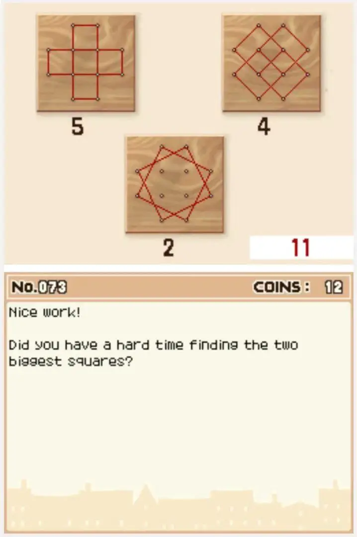 Answer screen for Professor Layton and the Curious Village Puzzle 073 - How Many Squares