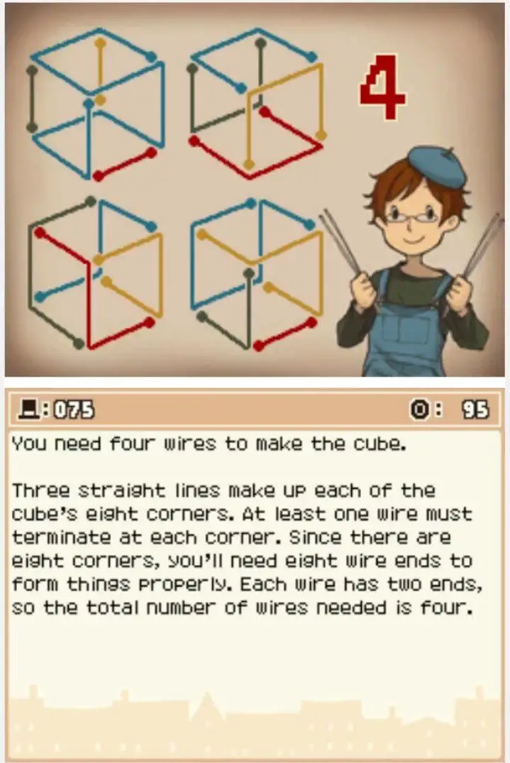 Answer screen for Professor Layton and the Curious Village Puzzle 075 - The Wire Cube