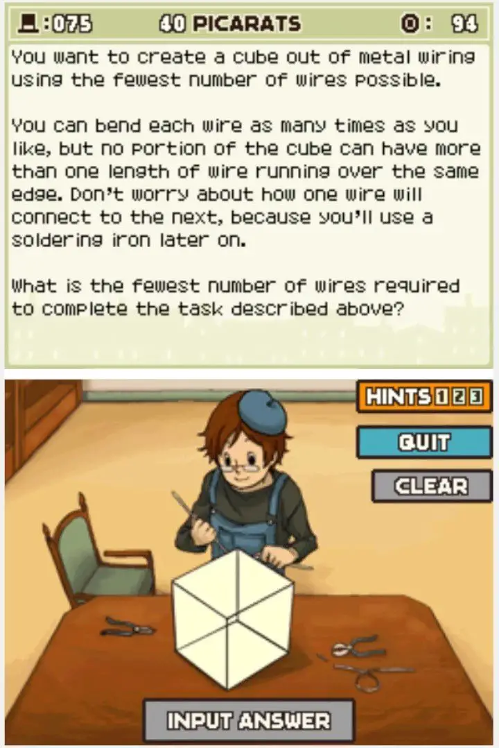 Puzzle overview for Professor Layton and the Curious Village Puzzle 075 - The Wire Cube