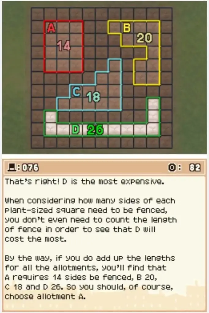 Answer screen for Professor Layton and the Curious Village: Puzzle 076 - Flower Garden