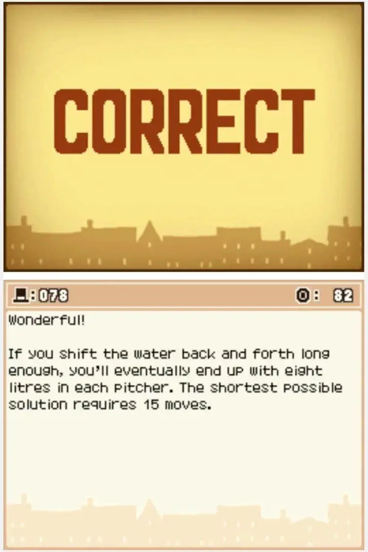 Answer screen for Professor Layton and the Curious Village Puzzle 078 - Water Pitchers