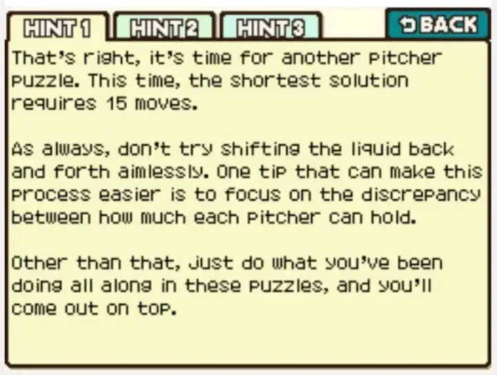 Professor Layton and the Curious Village Puzzle 078 - Water Pitchers Hint 1