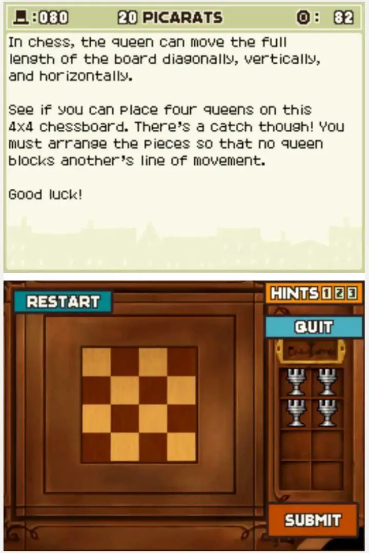 Puzzle overview for Professor Layton and the Curious Village Puzzle 080 - Too Many Queens 1