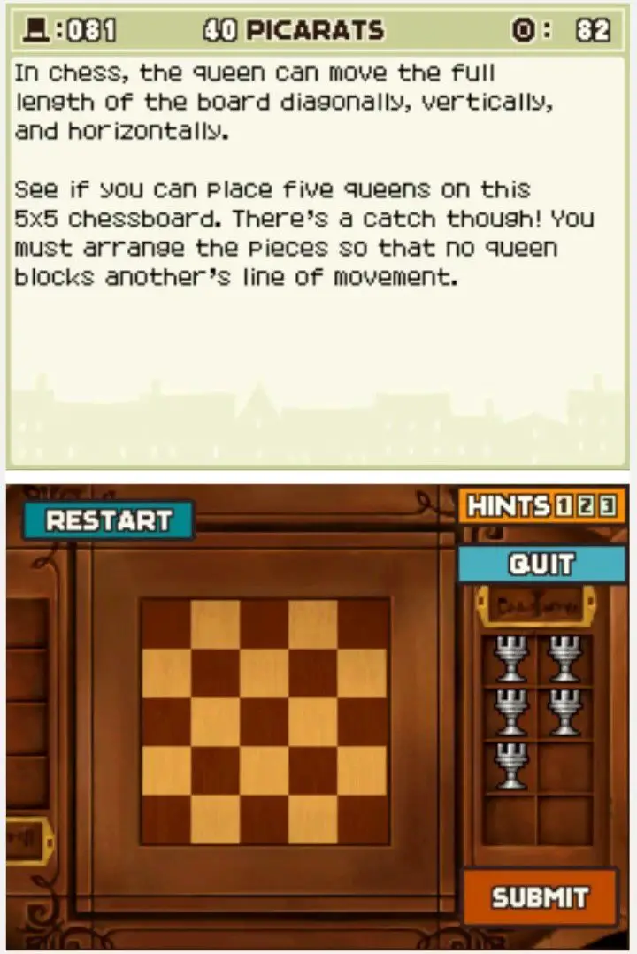 Puzzle overview for Professor Layton and the Curious Village Puzzle 081 - Too Many Queens 2