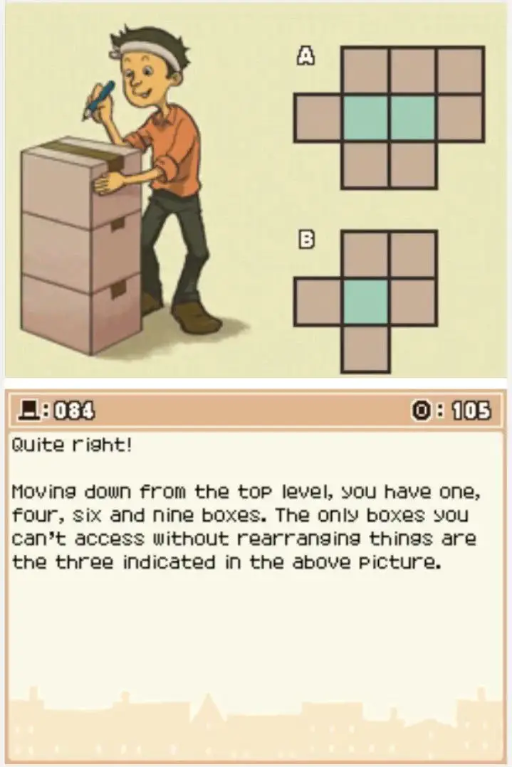 Answer screen for Professor Layton and the Curious Village Puzzle 084 - Which Box to Move