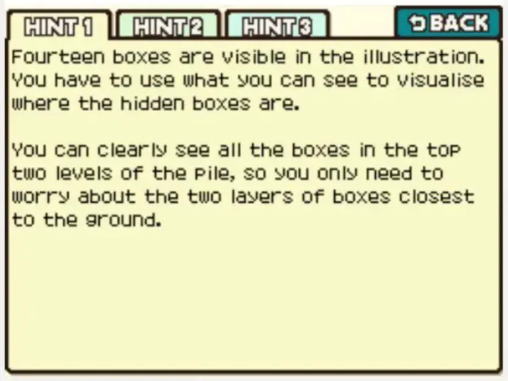 Professor Layton and the Curious Village Puzzle 084 - Which Box to Move Hint 1