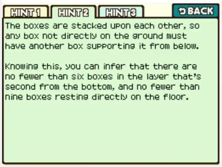 Professor Layton and the Curious Village Puzzle 084 - Which Box to Move Hint 2